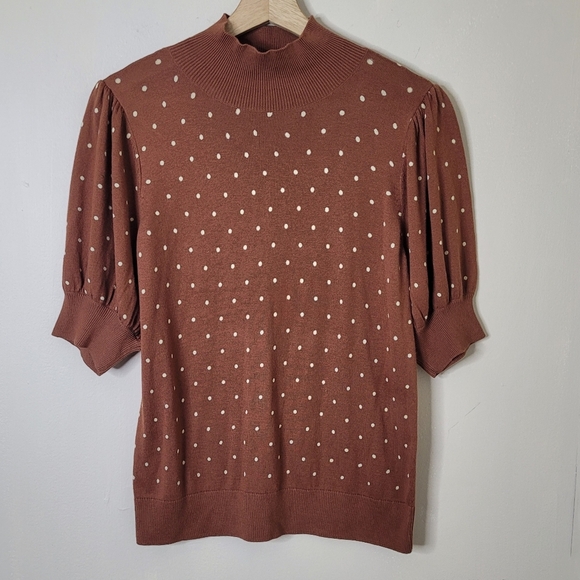Halogen Polka Dot Sweater Puff Sleeve Twee Rust Ivory NEW - Picture 2 of 8